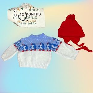 VTG 80's/90's Confetti Knits Acrylic Sweater w/ Penguins & Beanie Sz 0-12 mnth